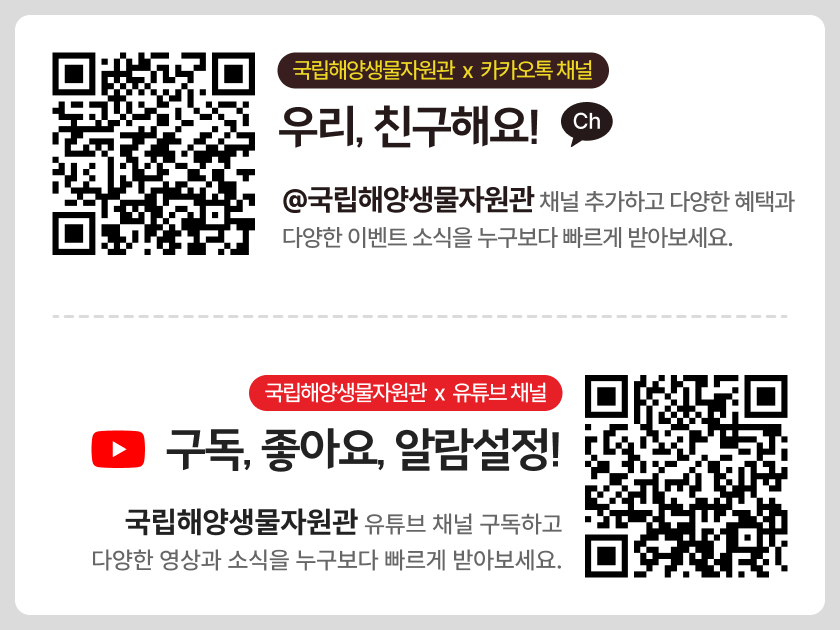 [MBRIS x 카카오톡 채널] 우리, 친구해요! @MBRIS 채널 추가하고 다양한 혜택과 다양한 이벤트 소식을 누구보다 빠르게 받아보세요. [해양바이오뱅크 x 유튜브 채널] 구독, 좋아요, 알람설정! 해양바이오뱅크 유튜브 채널 구독하고 다양한 영상과 소식을 누구보다 빠르게 받아보세요.